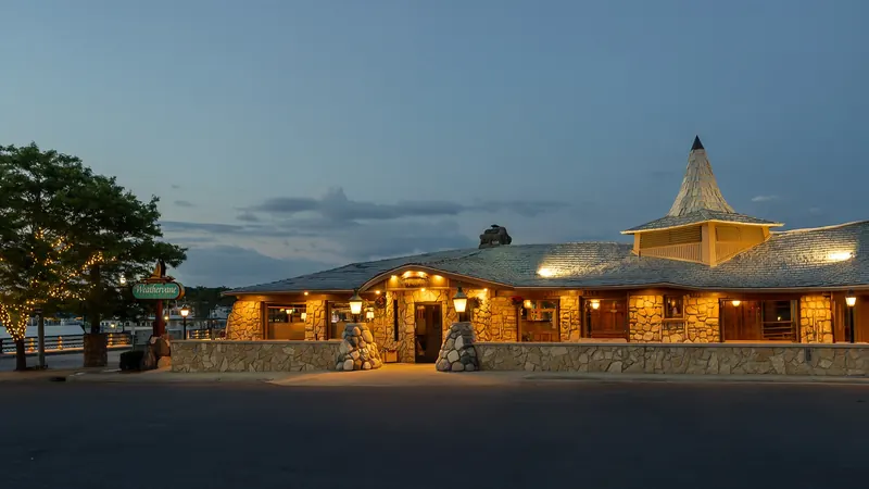The Weathervane's entrance lit up at dusk